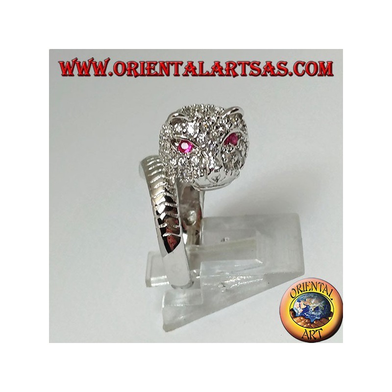Anello in argento pantera tempestata di zirconi con occhi di rubino