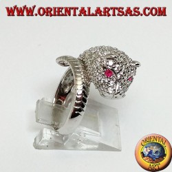 Panther silver ring studded with cubic zirconia with ruby eyes