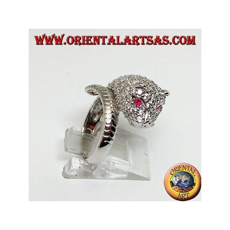 Anello in argento pantera tempestata di zirconi con occhi di rubino