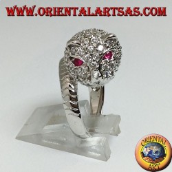 Bague panthère en argent parsemée de zircone cubique aux yeux rubis