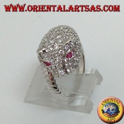 Anillo de plata de pantera tachonado de circonita cúbica con ojos de rubí