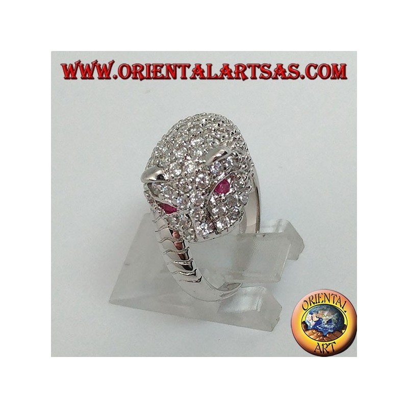 Anello in argento pantera tempestata di zirconi con occhi di rubino