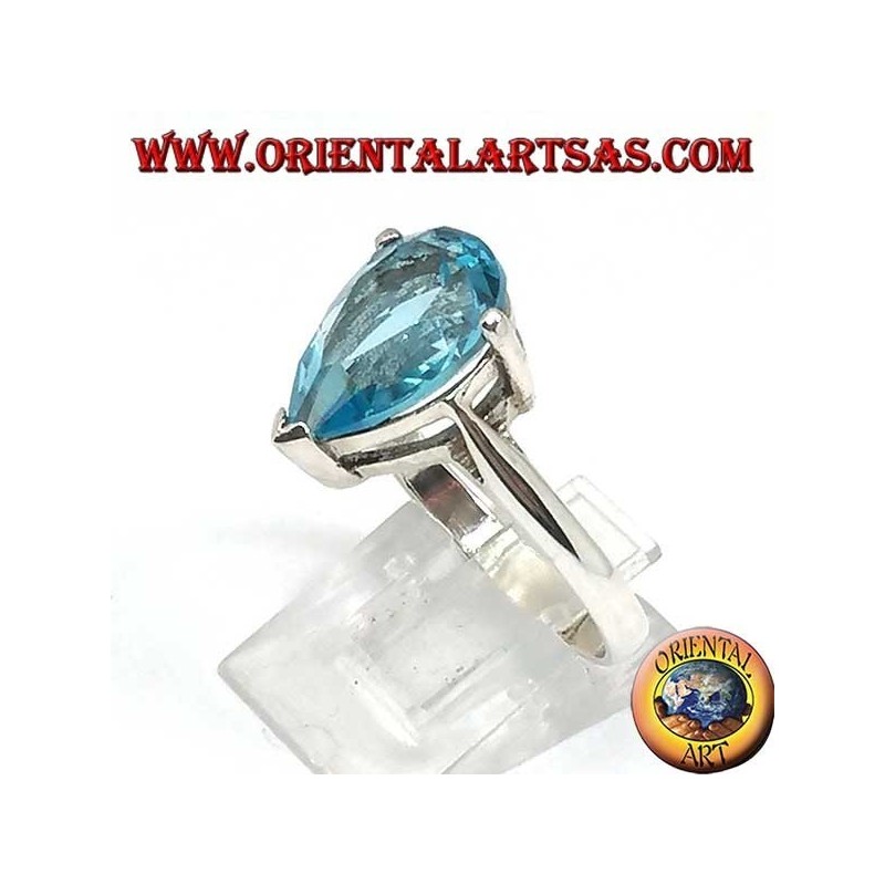 Silver ring with drop-shaped blue topaz with claw setting