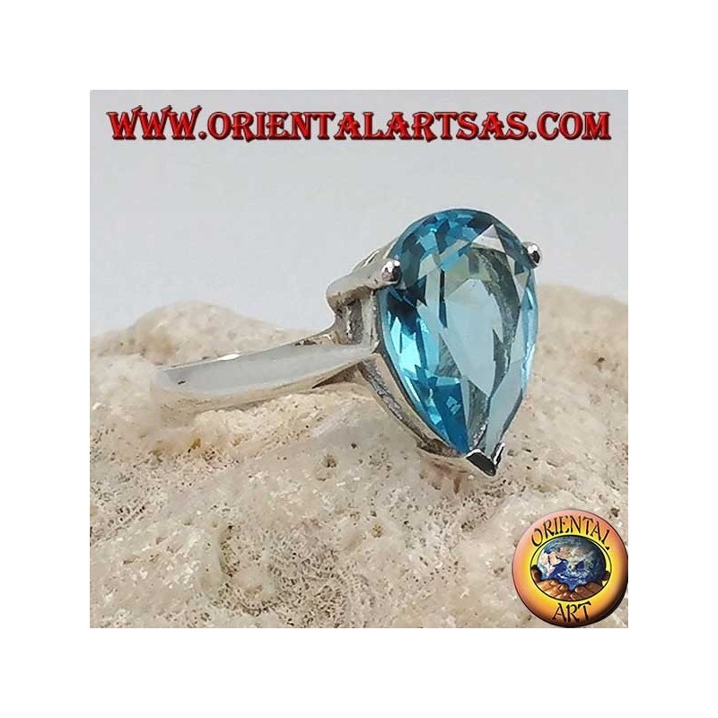 Silberring mit tropfenförmigem Blautopas mit Krallenfassung