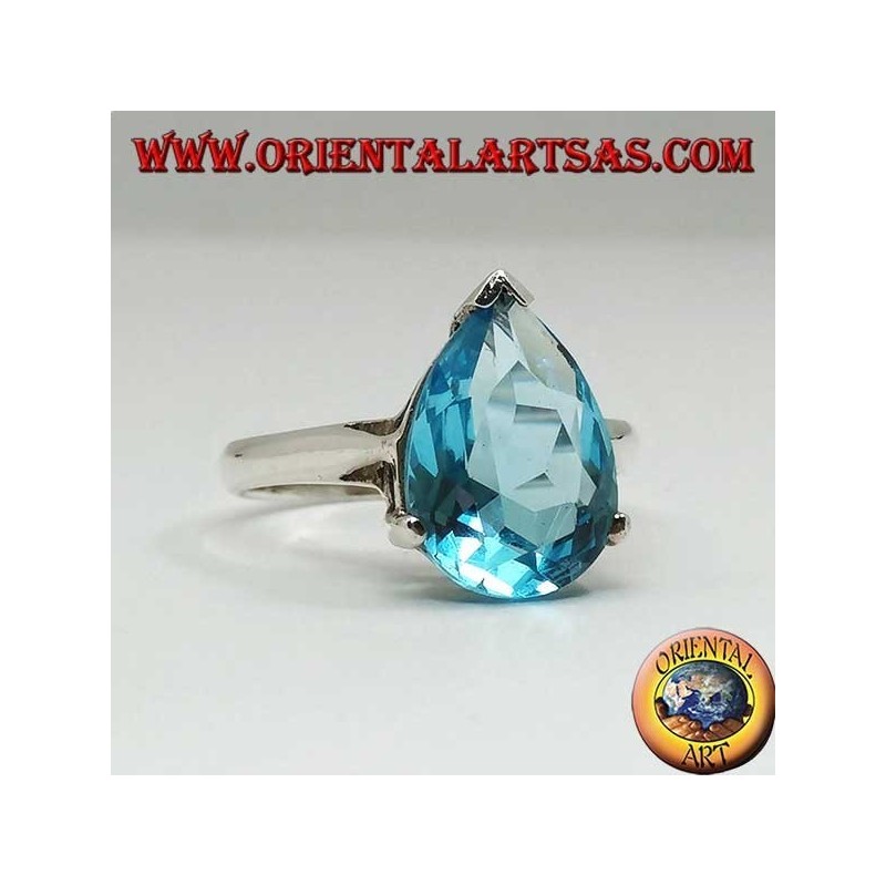 Bague en argent avec topaze bleue en forme de goutte avec monture à griffes