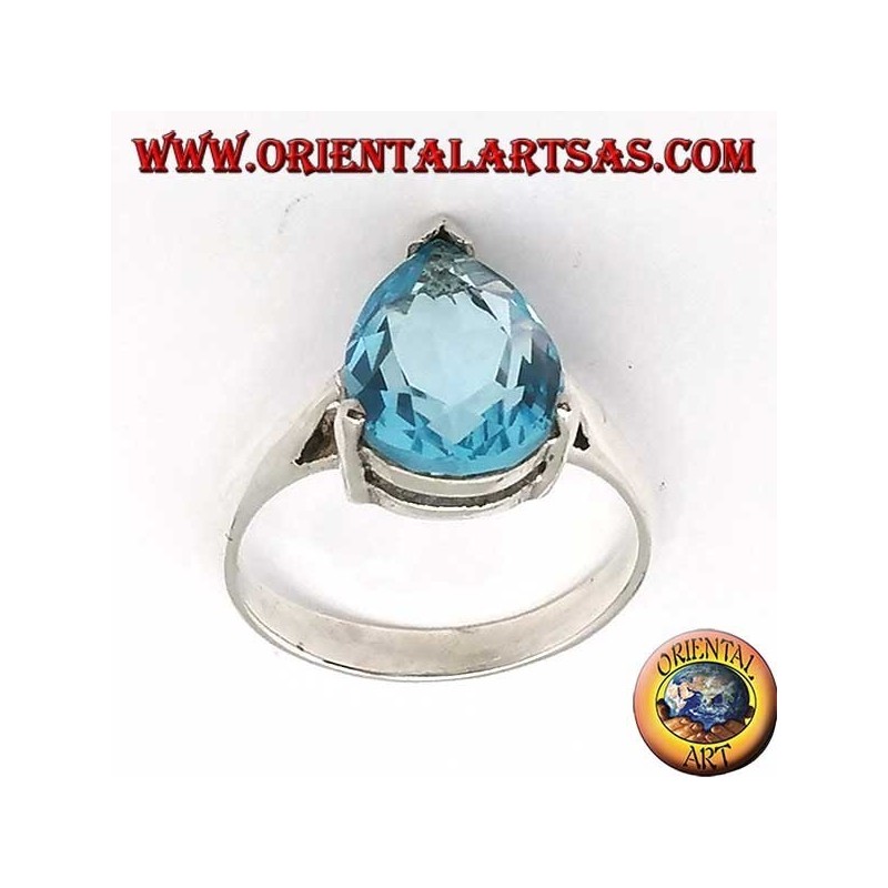 Bague en argent avec topaze bleue en forme de goutte avec monture à griffes