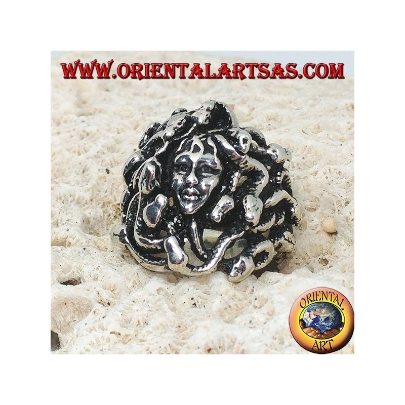 Silver medusa head ring with snakes