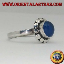 Silver ring with blue agate, Cabochon cut surrounded by studs