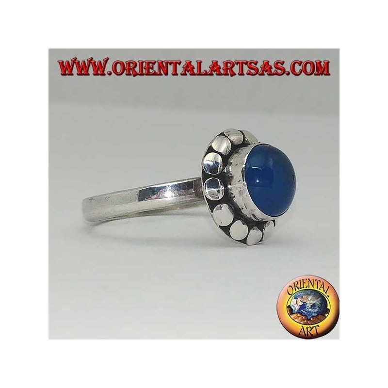 Silver ring with blue agate, Cabochon cut surrounded by studs