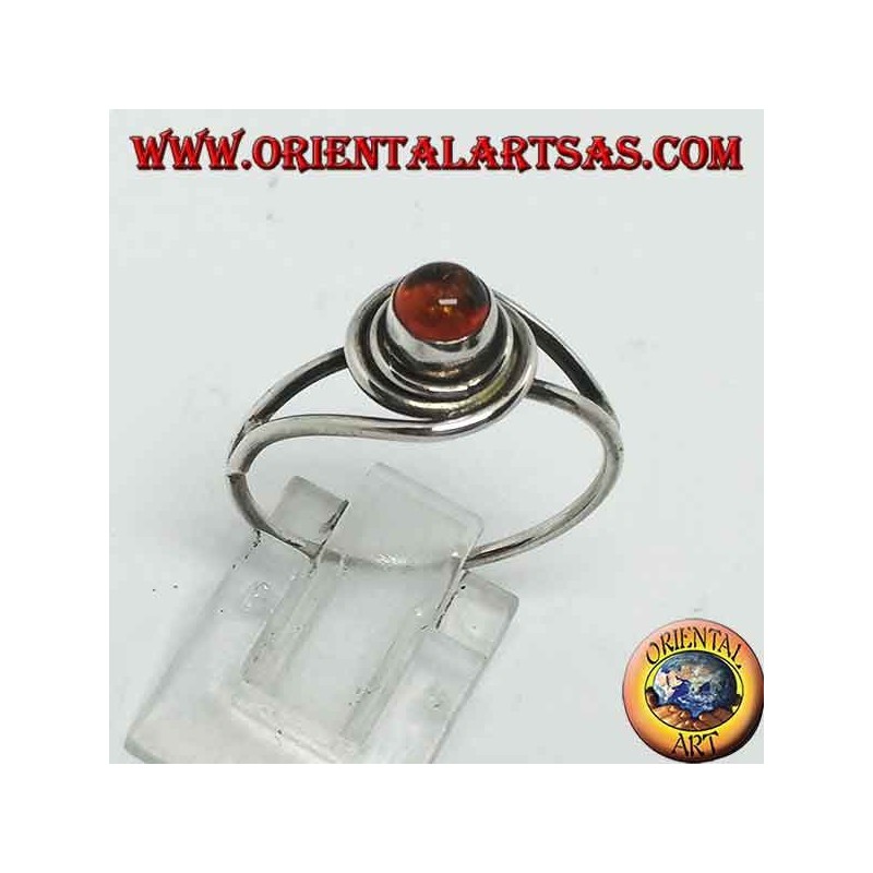 Silver ring with round natural amber wrapped in a silver thread