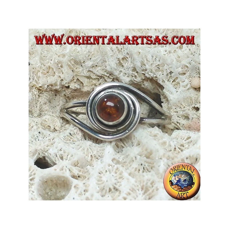 Silver ring with round natural amber wrapped in a silver thread