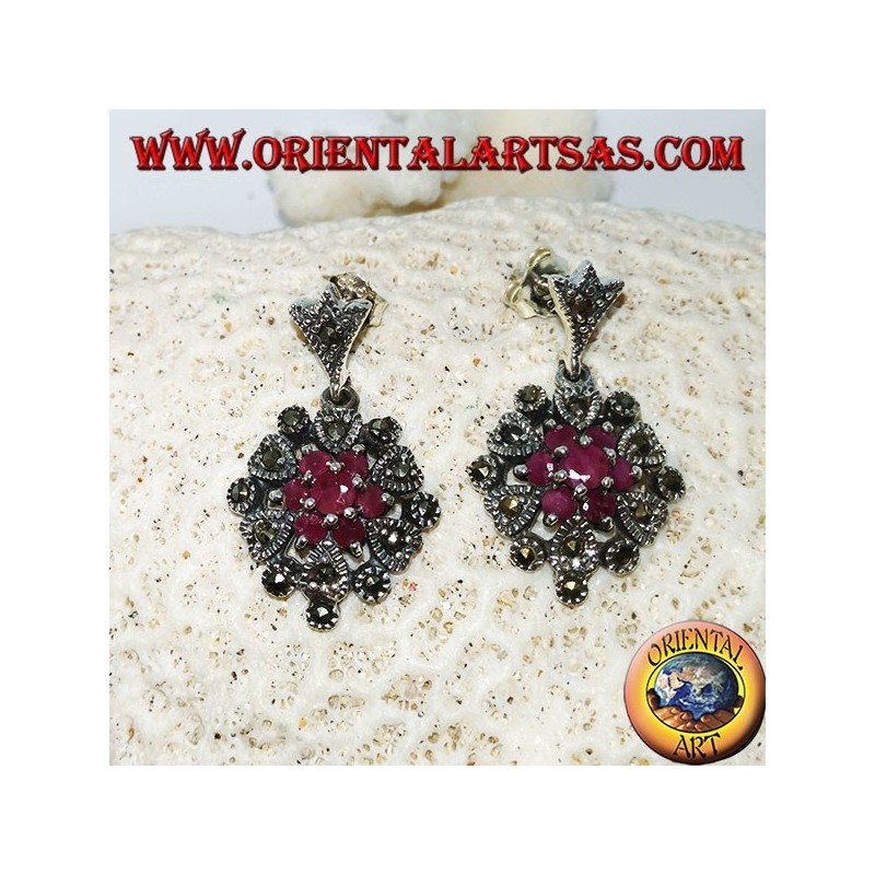 Boucles d'oreilles en argent avec 1 + 6 rubis naturels ronds sertis de marcassite
