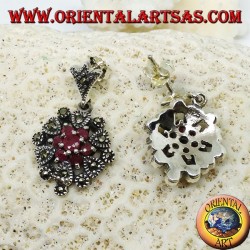 Silver earrings with 1 + 6 round natural rubies set surrounded by marcasite