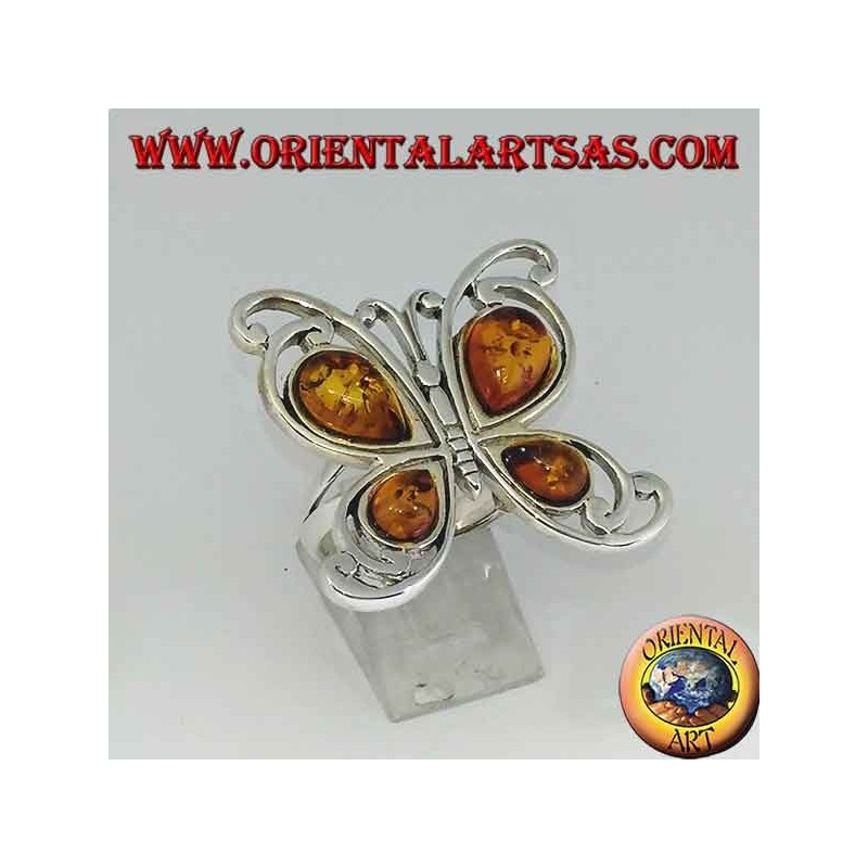 Bague en argent en forme de papillon avec 4 gouttes d'ambre