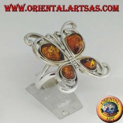 Silver ring in the shape of a butterfly with 4 drop amber