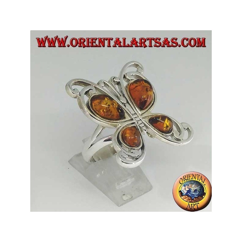 Anello in argento a forma di farfalla con 4 ambre a goccia