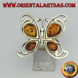 Anillo de plata con forma de mariposa con 4 gotas de ámbar