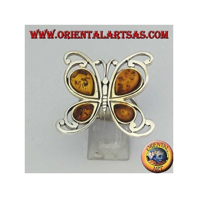Anello in argento a forma di farfalla con 4 ambre a goccia