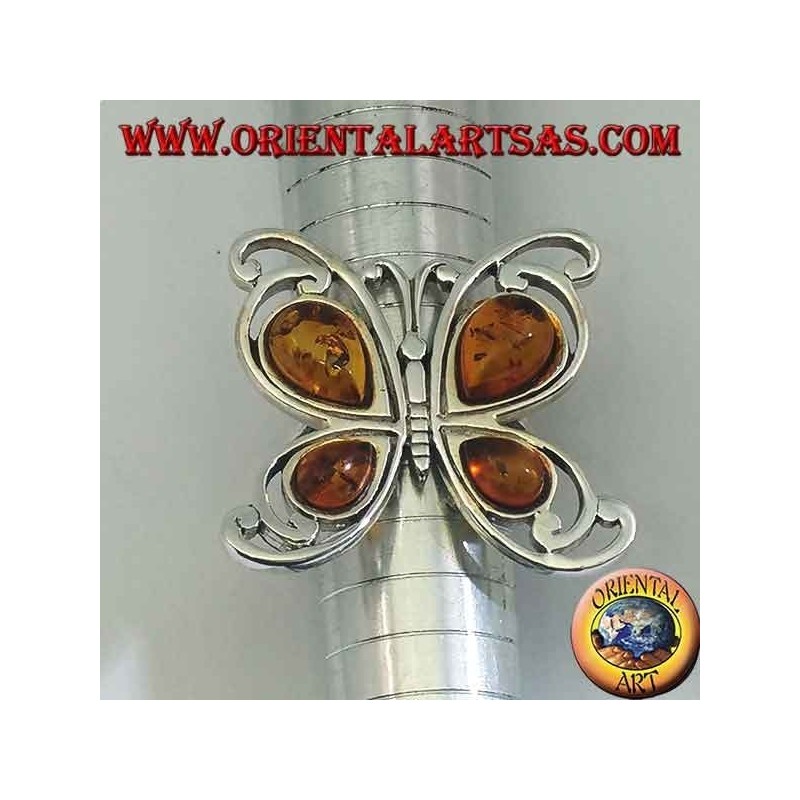 Anillo de plata con forma de mariposa con 4 gotas de ámbar