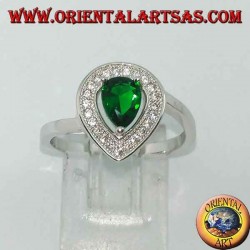 Silver ring with synthetic drop emerald surrounded by zircons