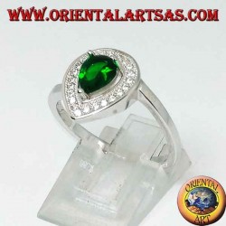Silver ring with synthetic drop emerald surrounded by zircons