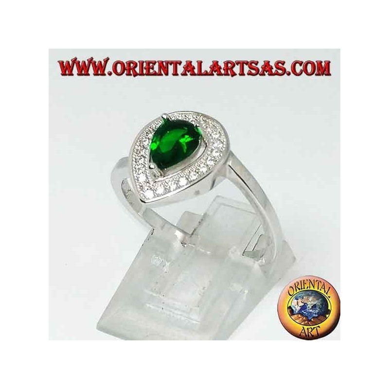 Silver ring with synthetic drop emerald surrounded by zircons