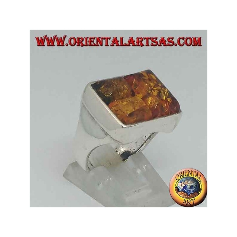 Rectangular silver ring with three rectangular amber
