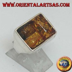 Rectangular silver ring with three rectangular amber