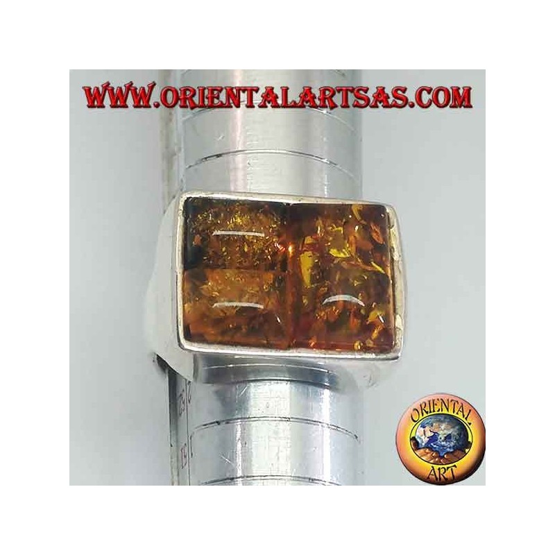 Rectangular silver ring with three rectangular amber
