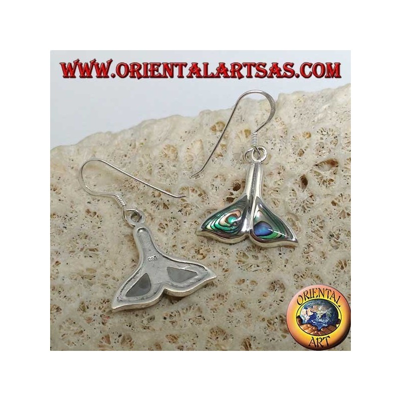 Silver whale tail earrings with paua shell (Haliotis iris)