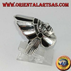 Silver ring, native American Indian head with mother of pearl and onyx feathers