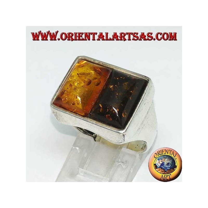 Anillo rectangular de plata con 1 ámbar amarillo y 1 ámbar verde