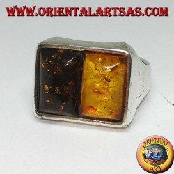 Rectangular silver ring with 1 yellow amber and 1 green amber