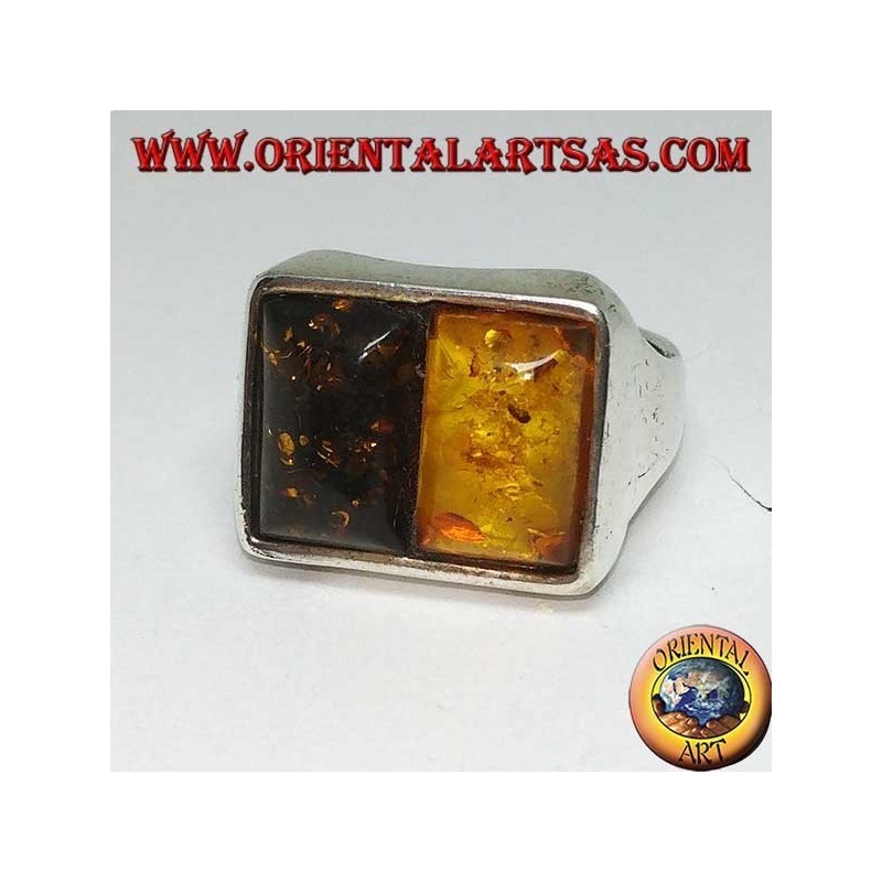 Anello in argento rettangolare con 1 ambra gialla ed 1 ambra verde