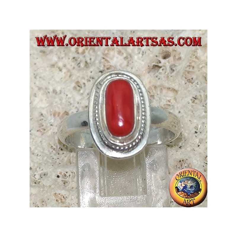 Silberring mit natürlicher Koralle in einer Schmuckkante (handgefertigt)