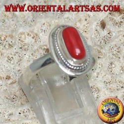 Silver ring with natural coral set in a stone border (handmade)