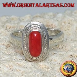 Bague en argent avec corail naturel sertie d'une bordure en pierre (fait main)