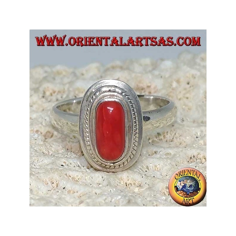 Silver ring with natural coral set in a stone border (handmade)