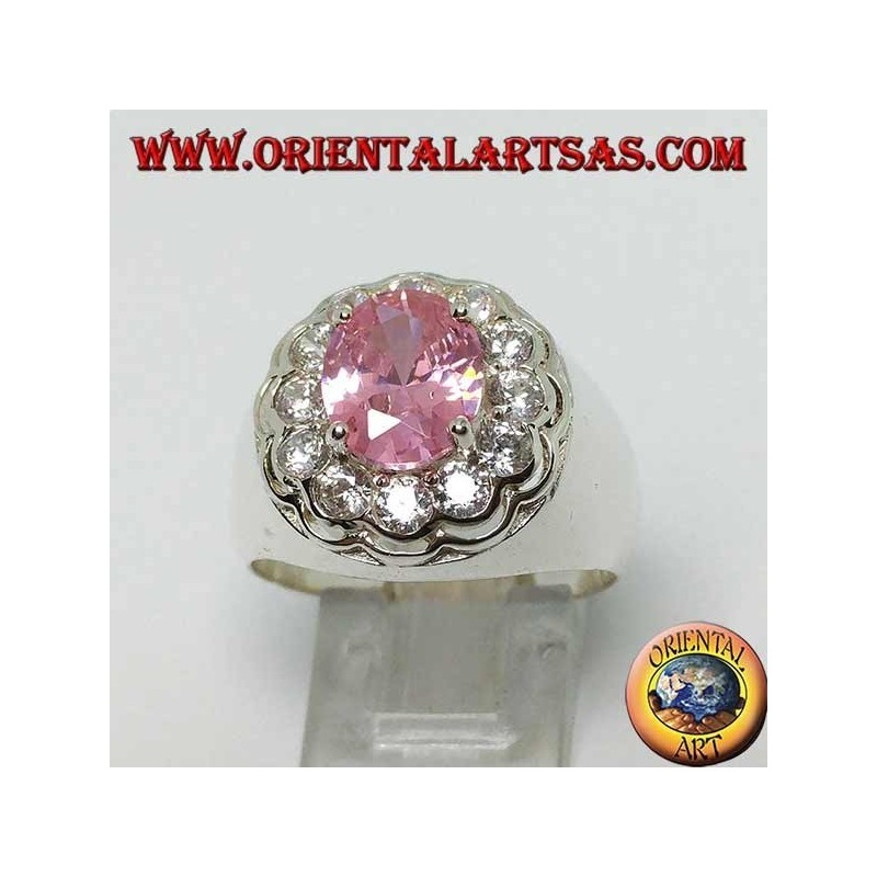 Silberring mit rosa facettiertem ovalem rosa Zirkon, umgeben von Zirkonen im Brillantschliff