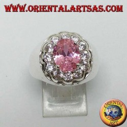 Silver ring with pink faceted oval pink zircon surrounded by brilliant cut zircons