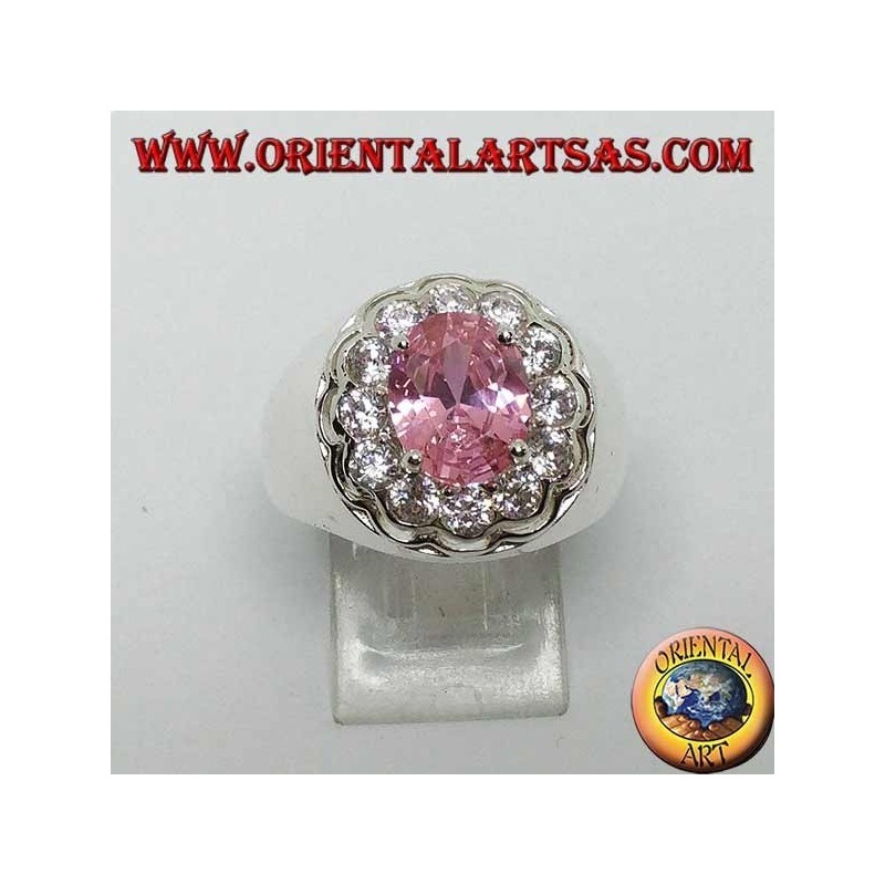 Anillo de plata con circonita rosa ovalada facetada rosa rodeada de circonitas de corte brillante