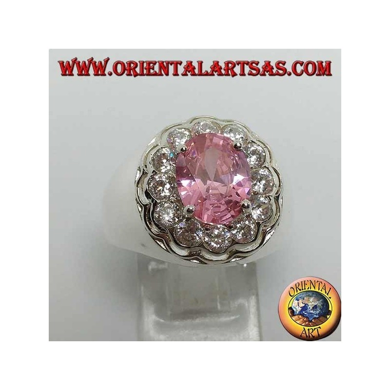 Bague en argent avec zircon rose ovale facetté rose entouré de zircons taillés en brillant