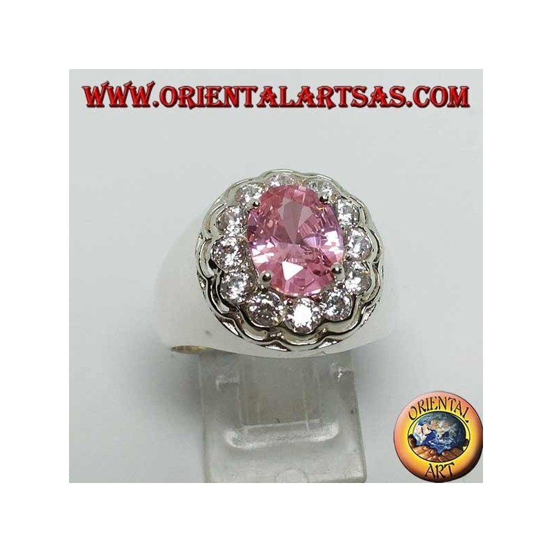 Anillo de plata con circonita rosa ovalada facetada rosa rodeada de circonitas de corte brillante