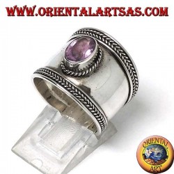 Wide silver ring with oval amethyst, Bali