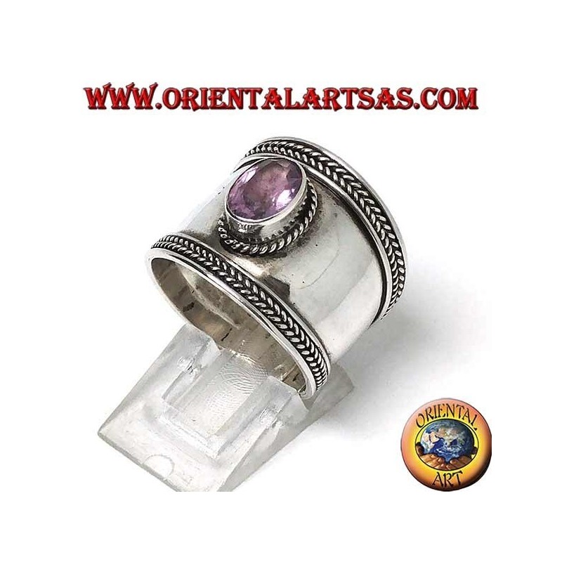 Wide silver ring with oval amethyst, Bali