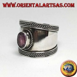 Wide silver ring with oval amethyst, Bali