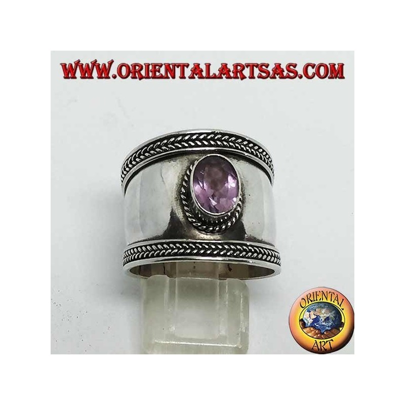 Anello fascia larga con ametista ovale naturale in argento 925‰, Bali