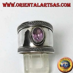 Wide silver ring with oval amethyst, Bali