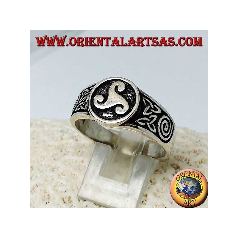 Silver triskell ring with tyrone knot and spiral on the sides