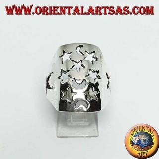 Rectangular silver openwork ring with stars and moons